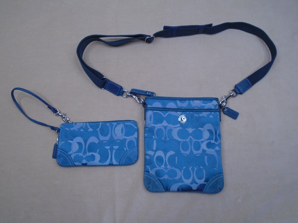 Coach Signature Shoulder Handbag Monogram W/ Wristlet Wallet Set Blue